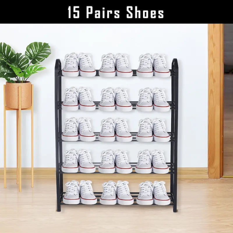 5-Tier Stackable Shoe Rack for 15 Pairs – Black