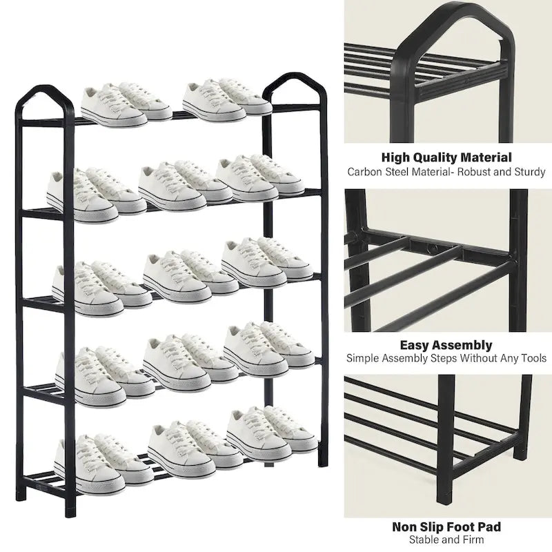 5-Tier Stackable Shoe Rack for 15 Pairs – Black