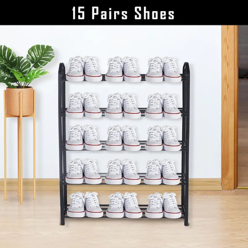 5-Tier Stackable Shoe Rack for 15 Pairs – Black