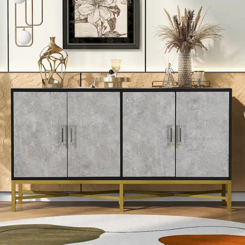 Distinctive Features of Four-Door Sideboard with Metal and Cross-Leg Design,Suitable for Living Rooms,Entrance and Study