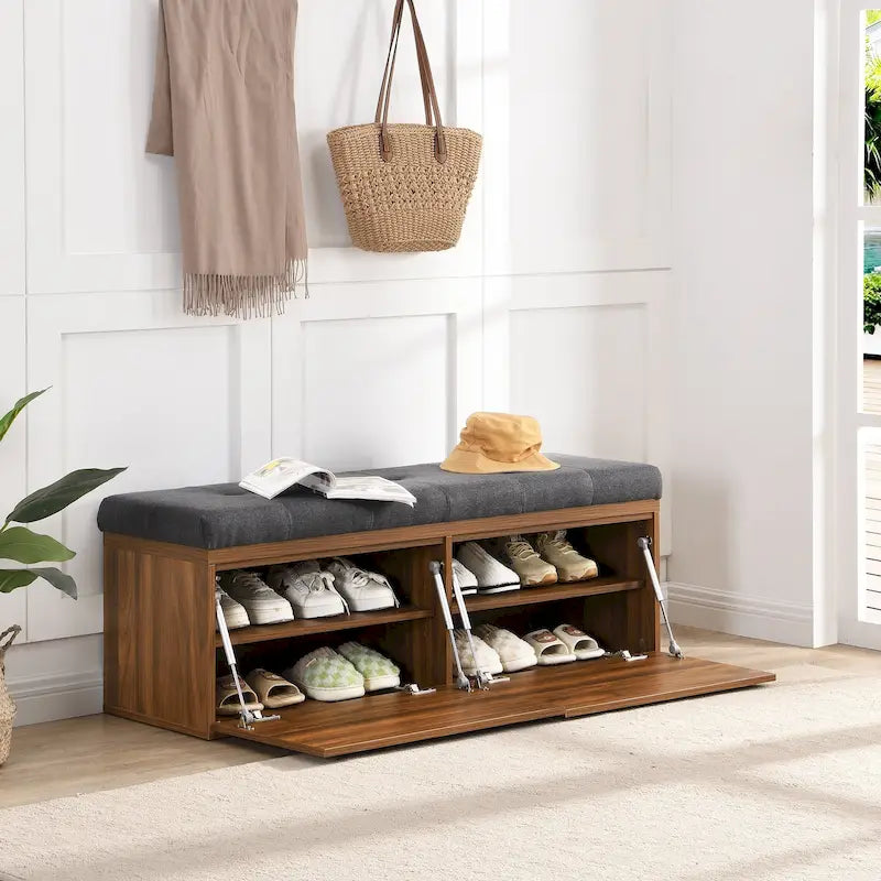 49-Inch Shoe Storage Bench with Cushion and Double Doors