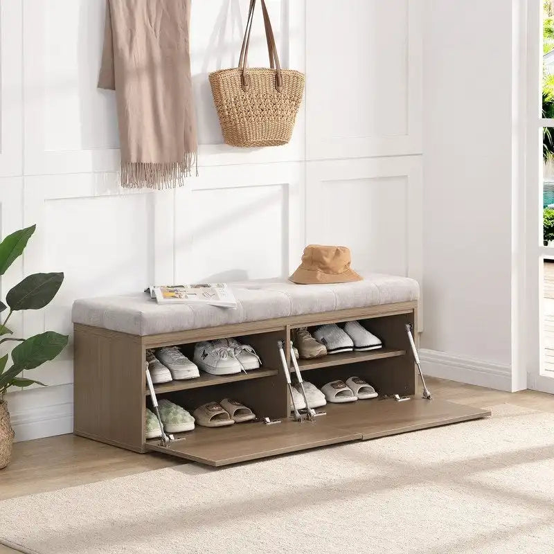 49-Inch Shoe Storage Bench with Cushion and Double Doors