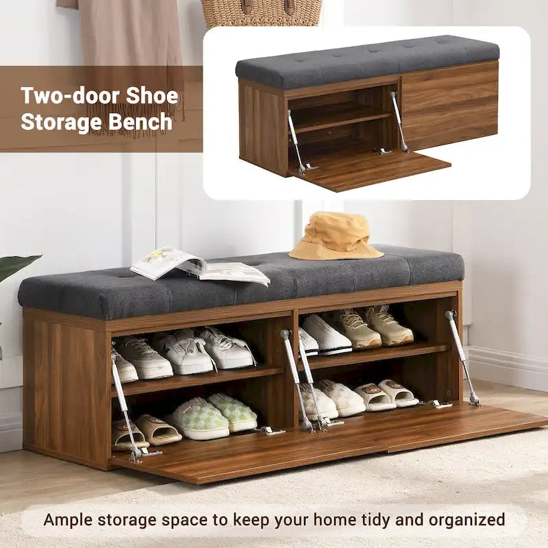 49-Inch Shoe Storage Bench with Cushion and Double Doors