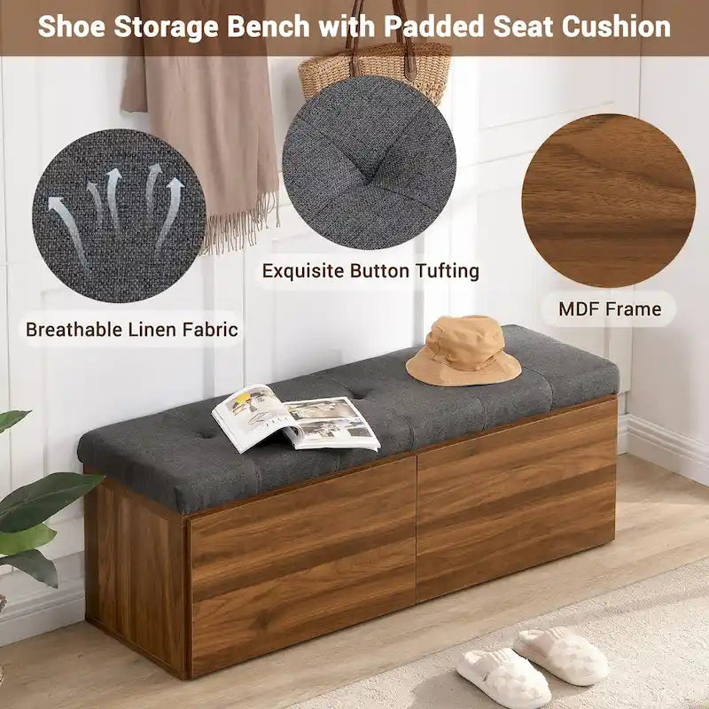 49-Inch Shoe Storage Bench with Cushion and Double Doors