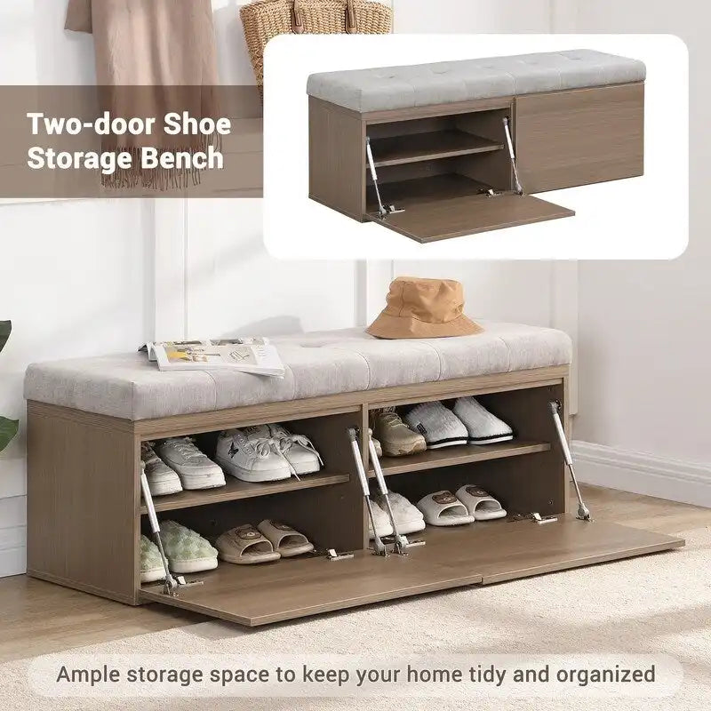49-Inch Shoe Storage Bench with Cushion and Double Doors