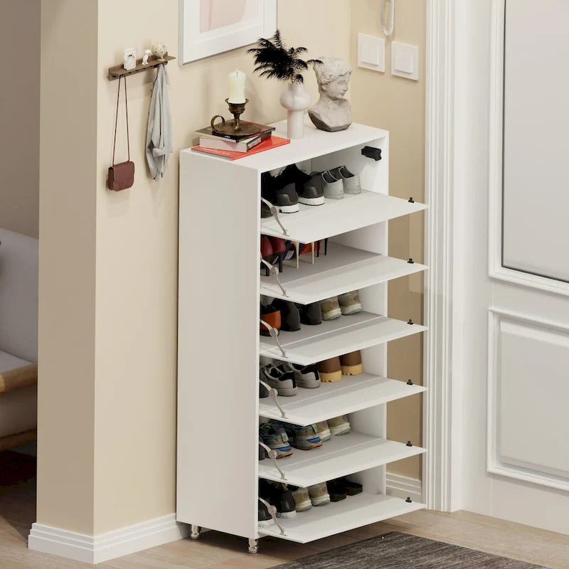 Mirror Shoe Cabinet with 6 Flip Drawers and 4 Metal Legs