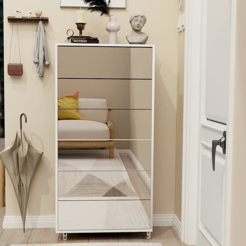 Mirror Shoe Cabinet with 6 Flip Drawers and 4 Metal Legs
