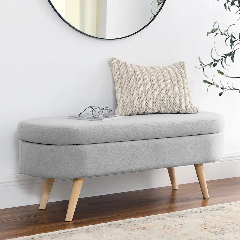 Linen Pleated Storage Ottoman Bench with Rubberwood Legs