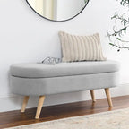 Linen Pleated Storage Ottoman Bench with Rubberwood Legs