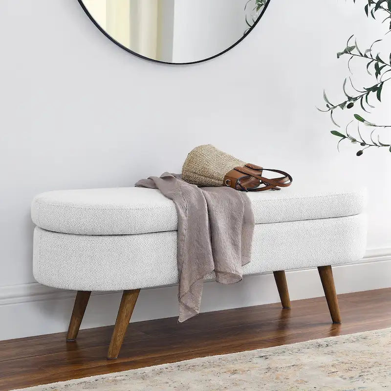 Linen Pleated Storage Ottoman Bench with Rubberwood Legs