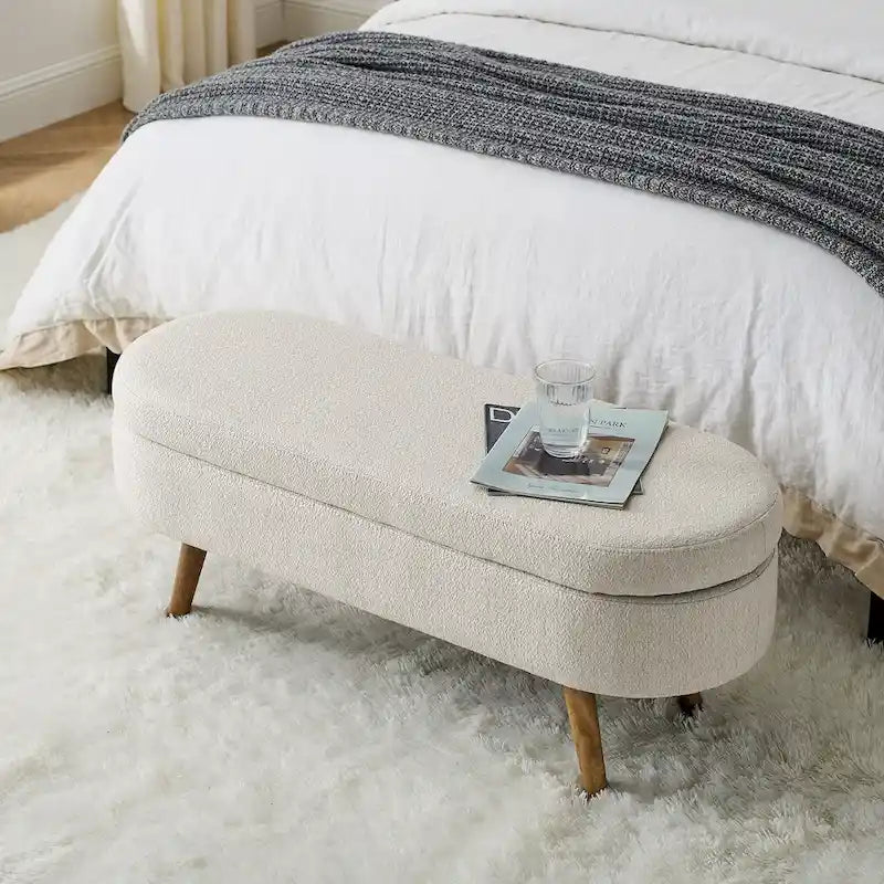 Linen Pleated Storage Ottoman Bench with Rubberwood Legs