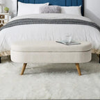 Linen Pleated Storage Ottoman Bench with Rubberwood Legs