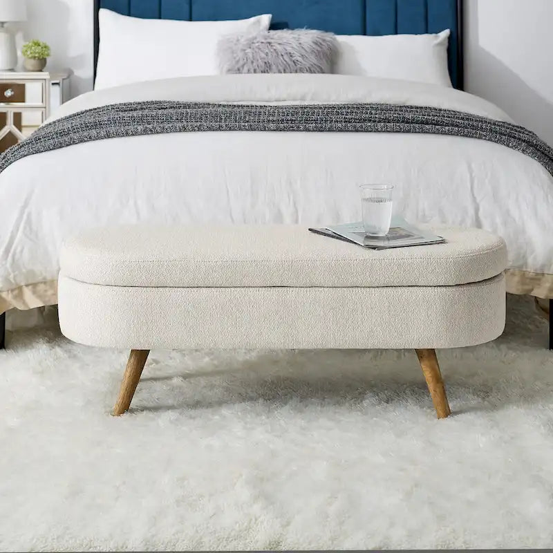 Linen Pleated Storage Ottoman Bench with Rubberwood Legs