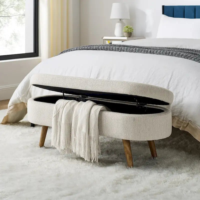 Linen Pleated Storage Ottoman Bench with Rubberwood Legs