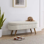 Linen Pleated Storage Ottoman Bench with Rubberwood Legs