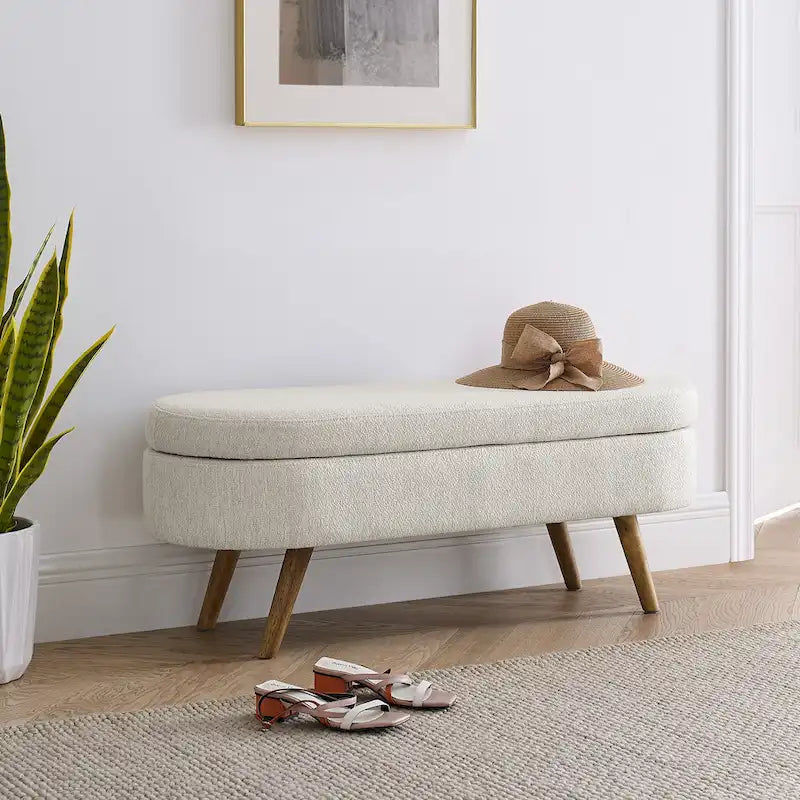 Linen Pleated Storage Ottoman Bench with Rubberwood Legs
