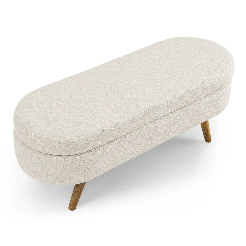 Linen Pleated Storage Ottoman Bench with Rubberwood Legs