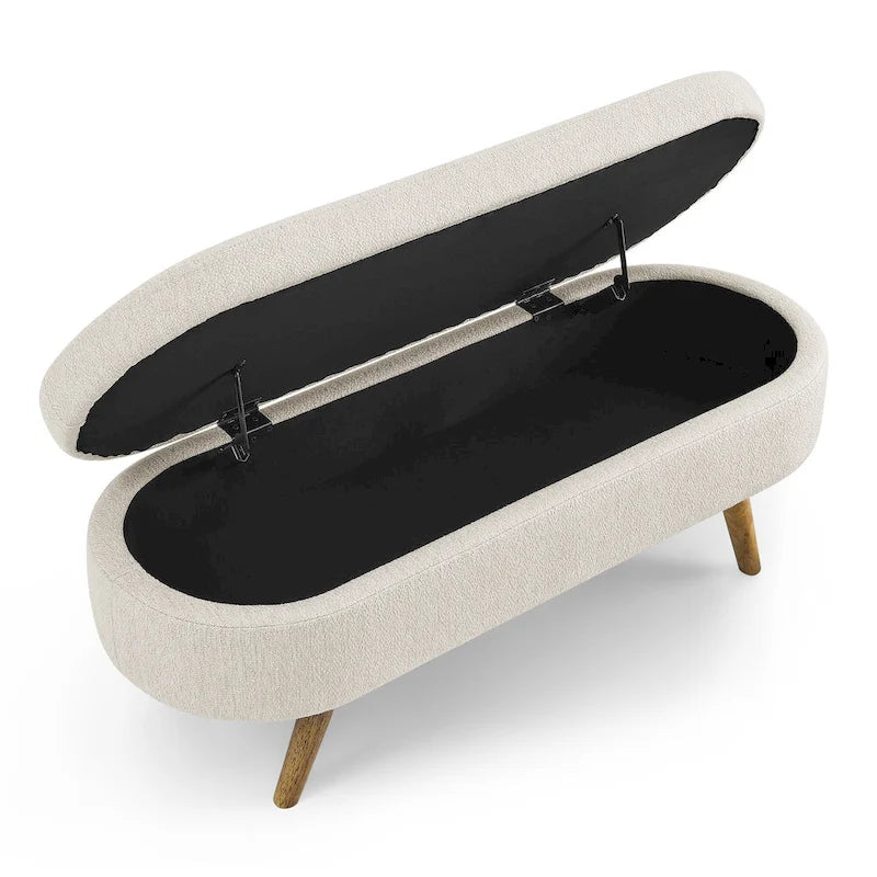 Linen Pleated Storage Ottoman Bench with Rubberwood Legs