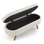 Linen Pleated Storage Ottoman Bench with Rubberwood Legs
