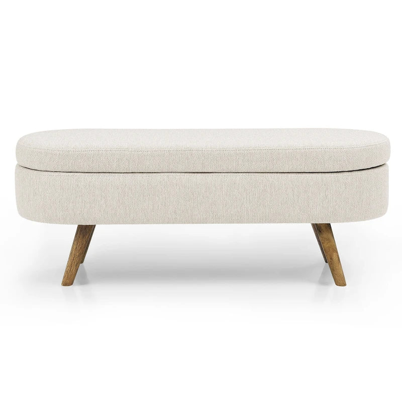 Linen Pleated Storage Ottoman Bench with Rubberwood Legs