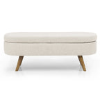 Linen Pleated Storage Ottoman Bench with Rubberwood Legs