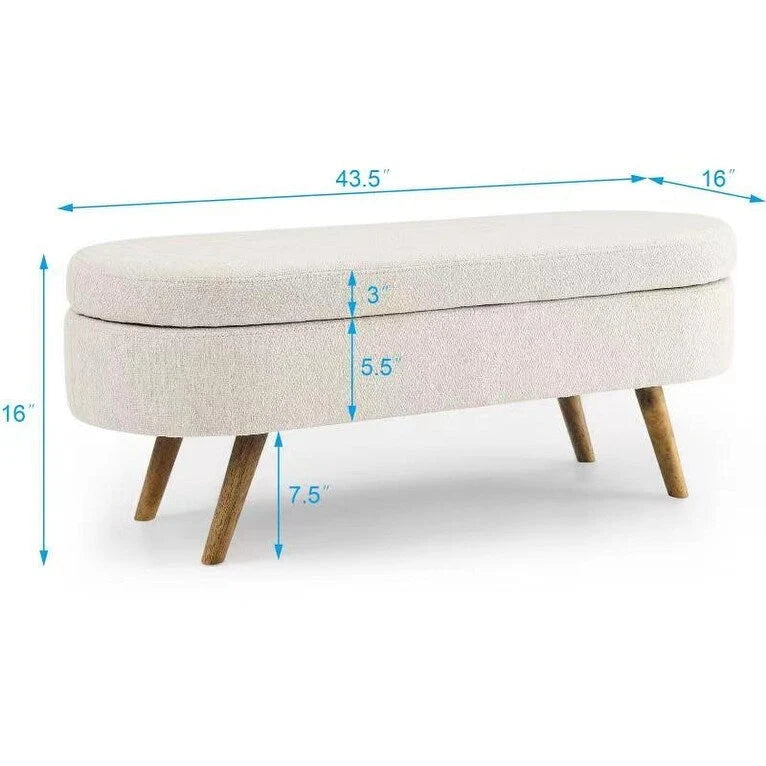 Linen Pleated Storage Ottoman Bench with Rubberwood Legs