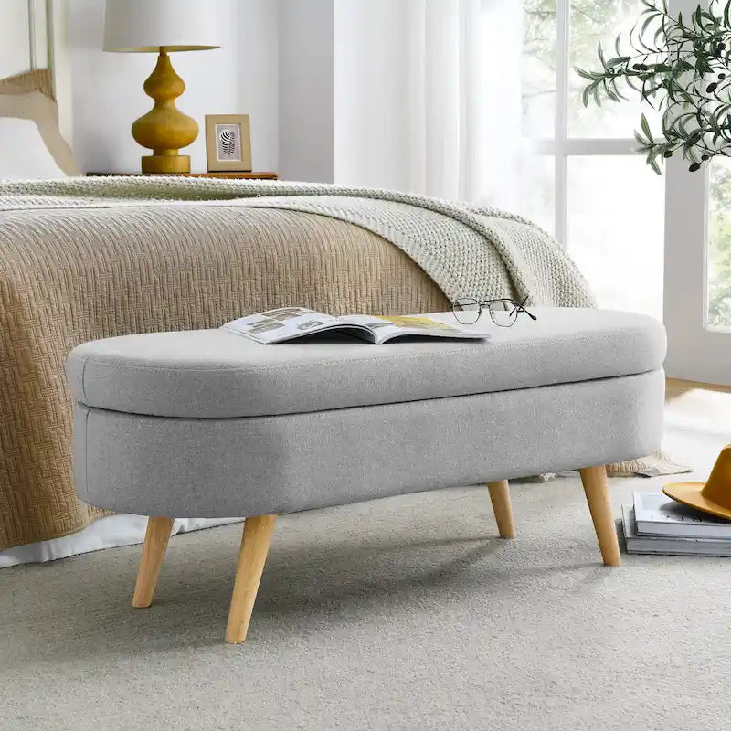 Linen Pleated Storage Ottoman Bench with Rubberwood Legs