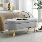 Linen Pleated Storage Ottoman Bench with Rubberwood Legs
