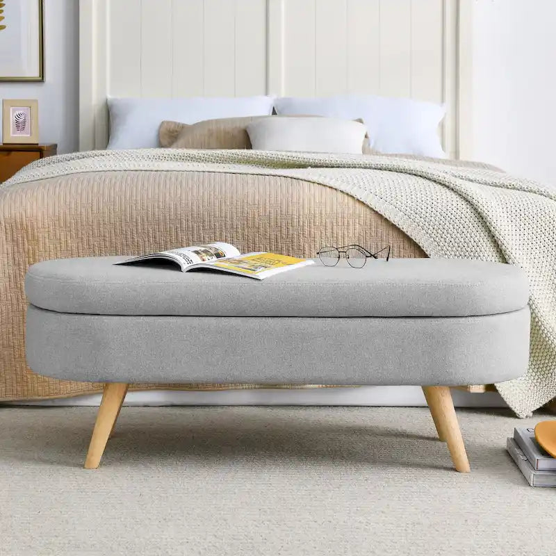 Linen Pleated Storage Ottoman Bench with Rubberwood Legs