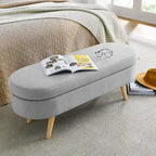 Linen Pleated Storage Ottoman Bench with Rubberwood Legs