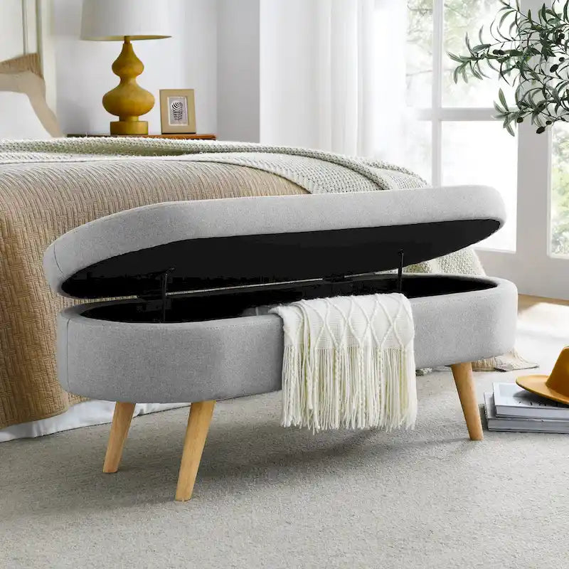 Linen Pleated Storage Ottoman Bench with Rubberwood Legs