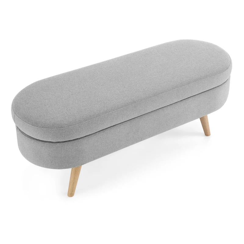 Linen Pleated Storage Ottoman Bench with Rubberwood Legs