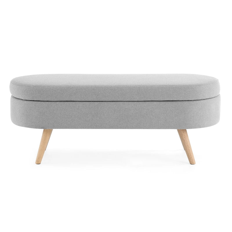 Linen Pleated Storage Ottoman Bench with Rubberwood Legs