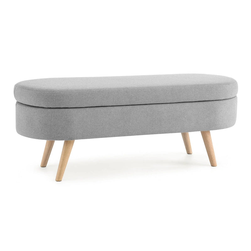 Linen Pleated Storage Ottoman Bench with Rubberwood Legs
