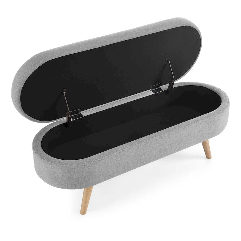 Linen Pleated Storage Ottoman Bench with Rubberwood Legs