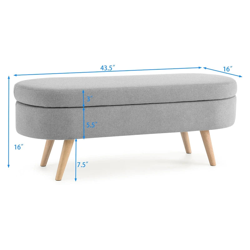 Linen Pleated Storage Ottoman Bench with Rubberwood Legs