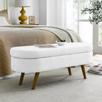 Linen Pleated Storage Ottoman Bench with Rubberwood Legs