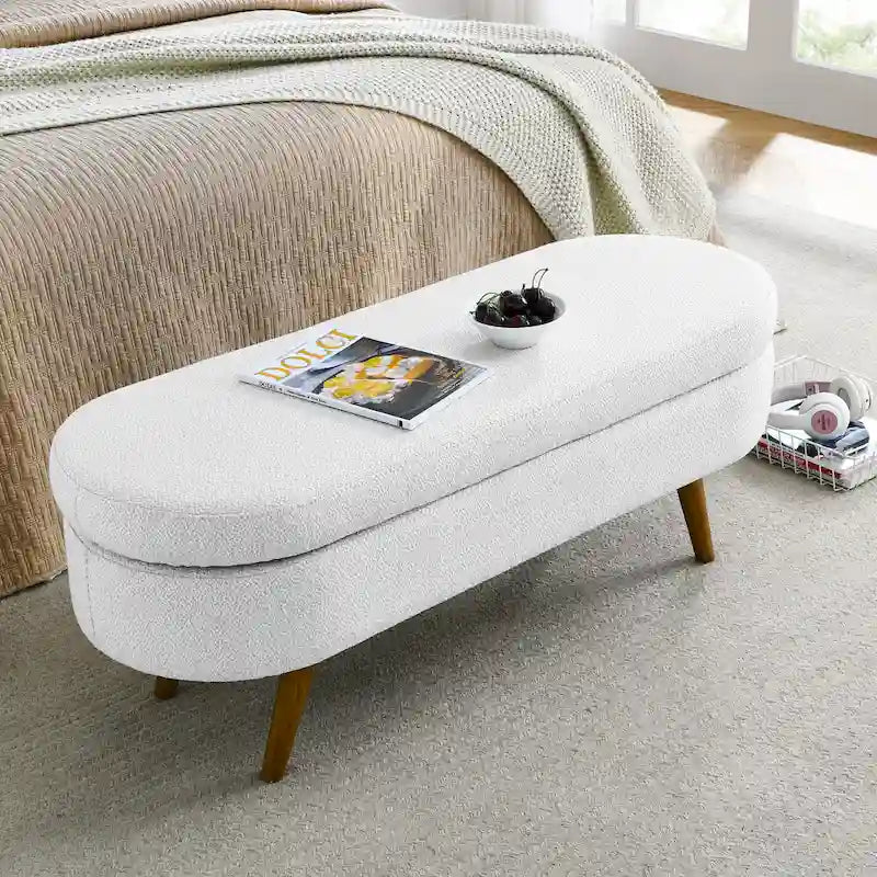 Linen Pleated Storage Ottoman Bench with Rubberwood Legs