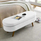 Linen Pleated Storage Ottoman Bench with Rubberwood Legs
