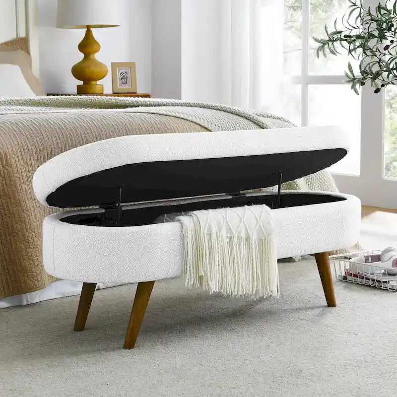 Linen Pleated Storage Ottoman Bench with Rubberwood Legs