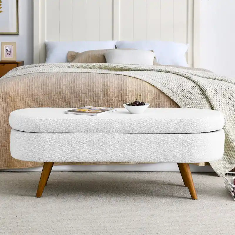 Linen Pleated Storage Ottoman Bench with Rubberwood Legs