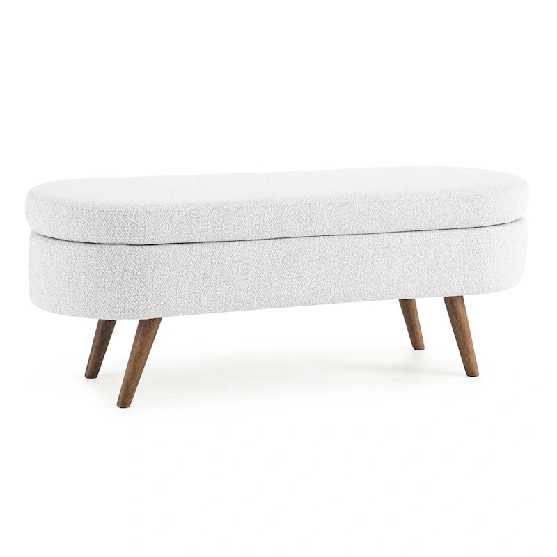 Linen Pleated Storage Ottoman Bench with Rubberwood Legs