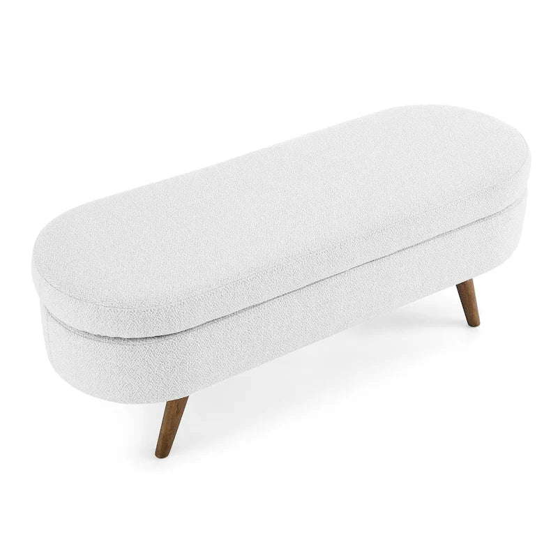 Linen Pleated Storage Ottoman Bench with Rubberwood Legs