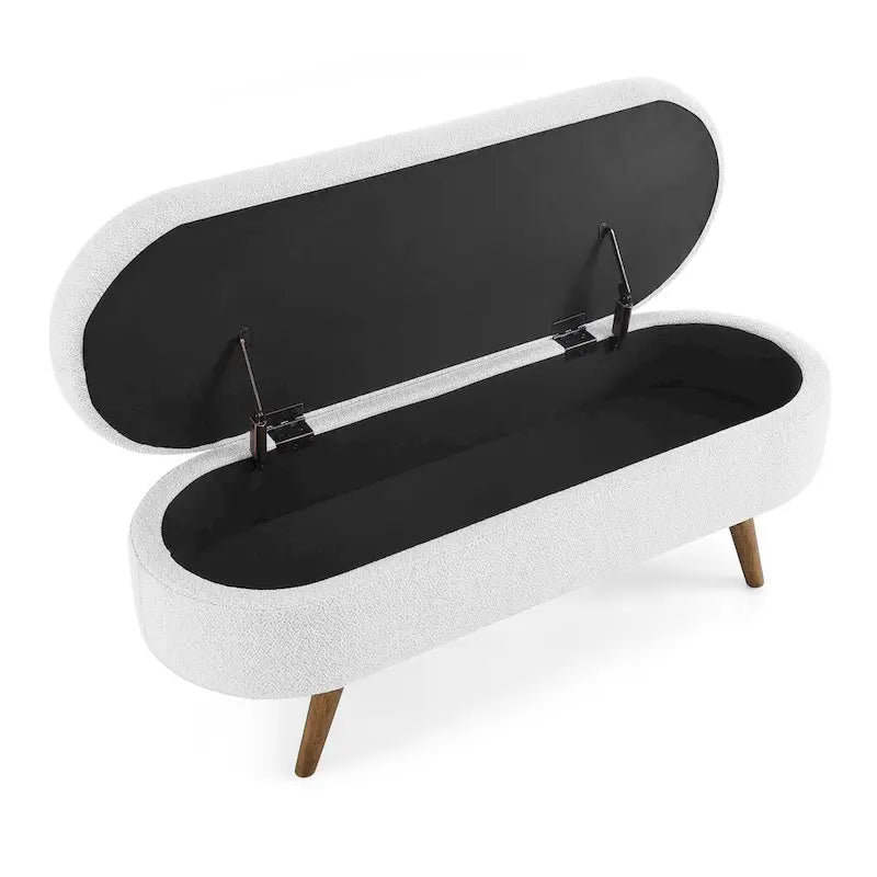 Linen Pleated Storage Ottoman Bench with Rubberwood Legs