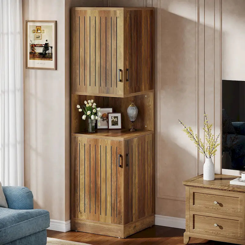 70.87" Tall Corner Cabinet with Louvered Doors and 5 Shelves, 19.69" W x 19.69" D