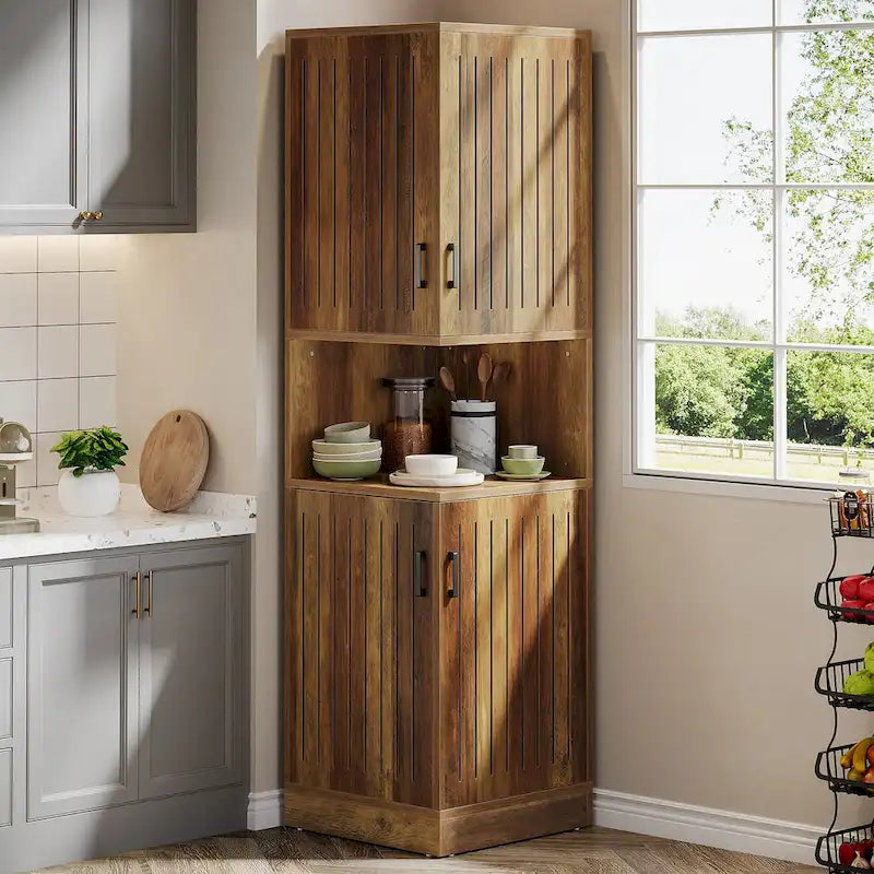 70.87" Tall Corner Cabinet with Louvered Doors and 5 Shelves, 19.69" W x 19.69" D