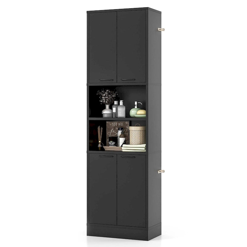 75" Tall Bathroom Storage Cabinet with 4 Doors & 2 Open Shelves
