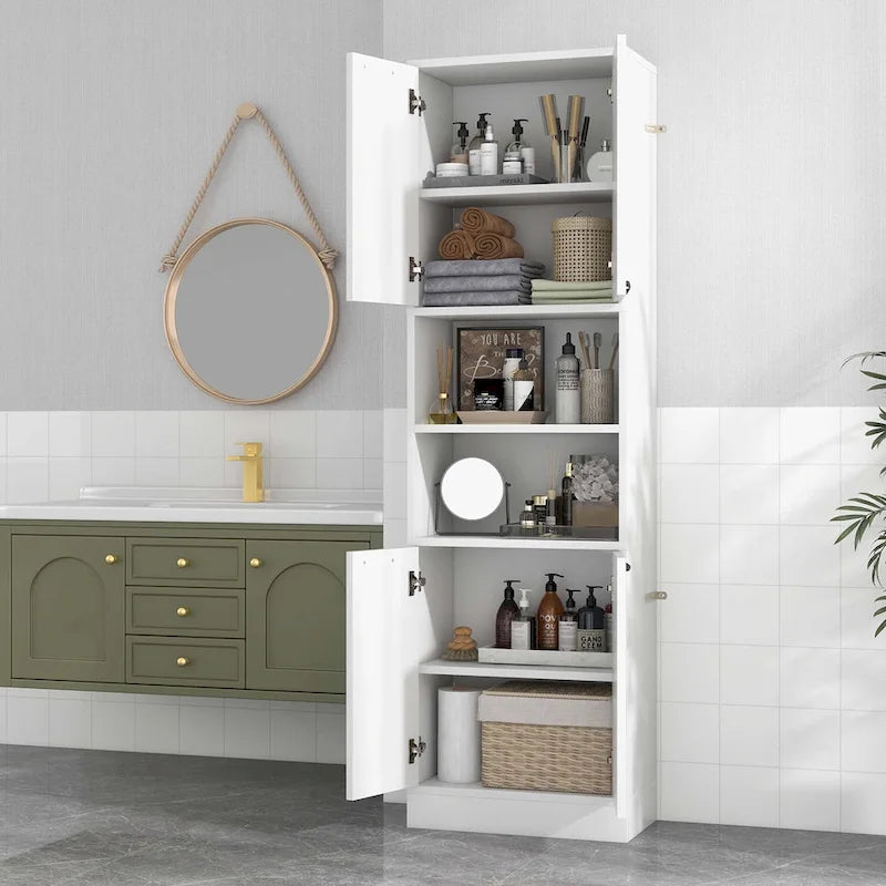 75" Tall Bathroom Storage Cabinet with 4 Doors & 2 Open Shelves