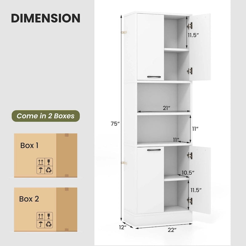 75" Tall Bathroom Storage Cabinet with 4 Doors & 2 Open Shelves