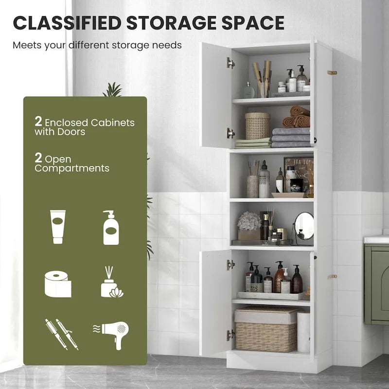 75" Tall Bathroom Storage Cabinet with 4 Doors & 2 Open Shelves